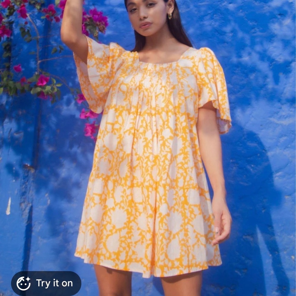 The Fox and the Mermaid Cotton Block Print Sanvi Mini Dress in Tuscany Yellow S